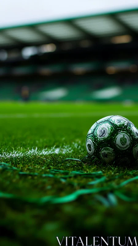 Inviting green soccer ball resting on a quiet stadium pitch.