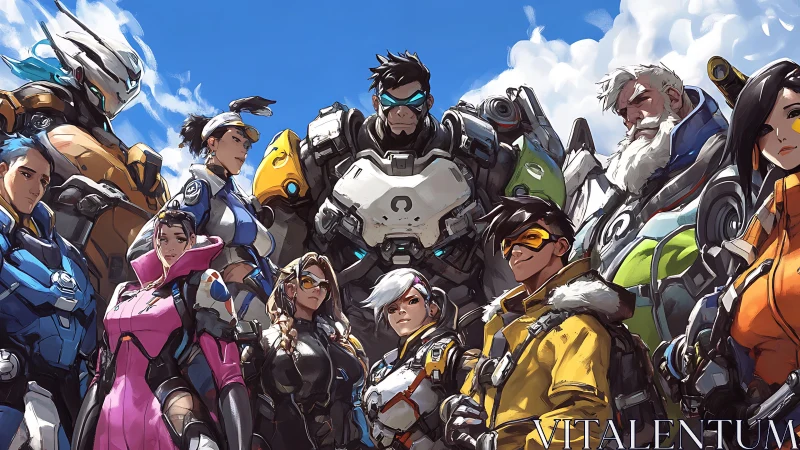 Squad of armored futuristic heroes under clear blue sky