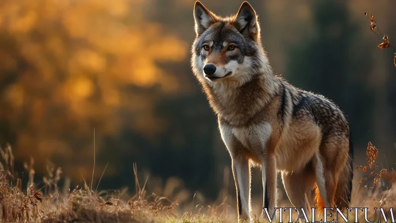 Solitary wolf stands alert in warm autumn forest light