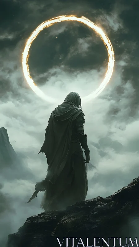 Hooded wanderer beneath blazing celestial halo ring.