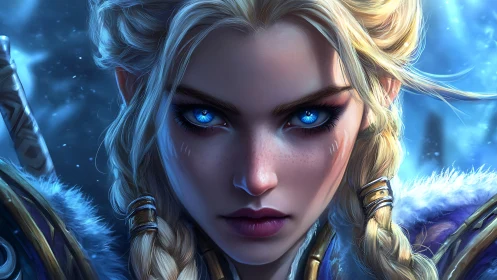 Frost-armored warrior portrait with glowing azure eyes close-up