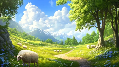 Sunlit alpine meadow with grazing sheep and distant peaks.