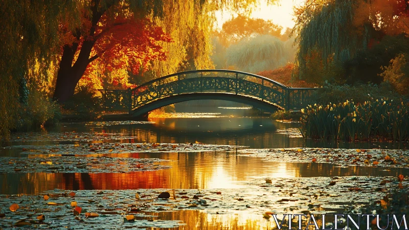 Ornate garden bridge spans sunlit autumn pond at dusk