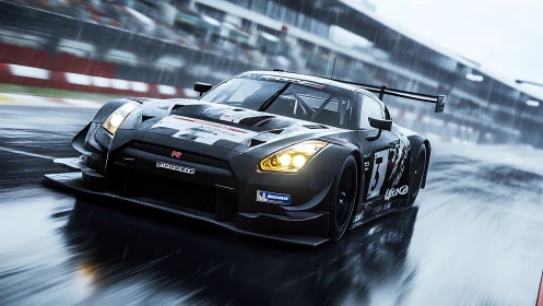 Rain-slicked GT racer carves luminous arcs through wet tarmac