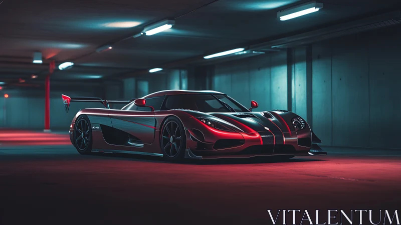 Sleek red supercar glows under neon lights in a quiet garage