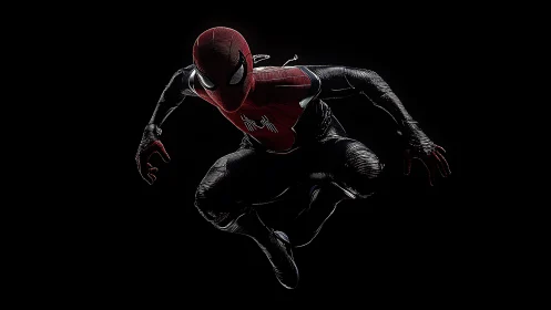 Web-suited acrobat lunges from darkness in wired red light