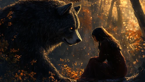 Girl and large wolf in autumn forest with backlit foliage.