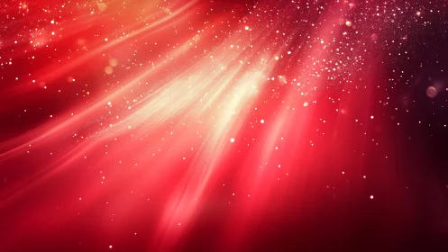 Vivid Red Abstract Light Rays with Sparkling Particles Background.