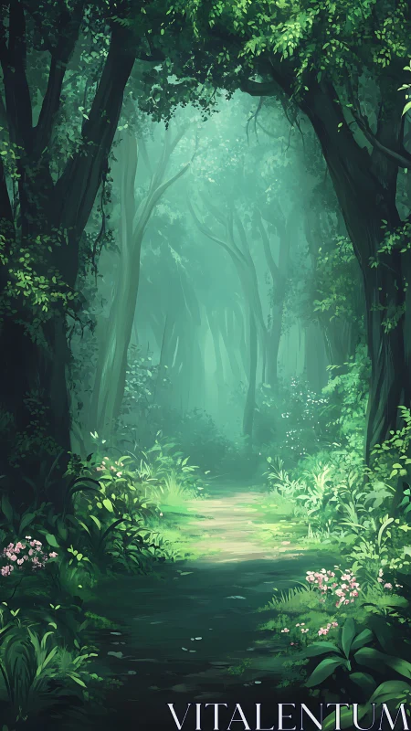 Misty Forest Path Through Ancient Trees and Verdant Foliage