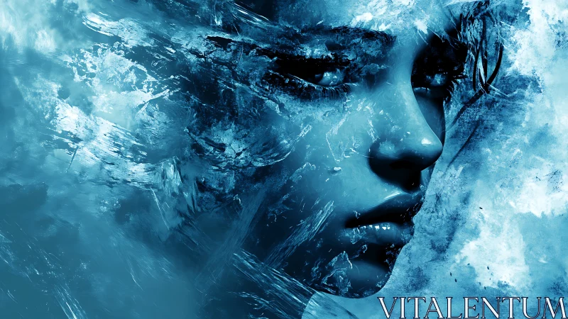 Icy portrait merges human features with crystalline textures.