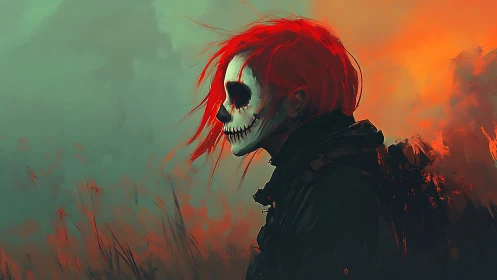 Red haired skull masked figure in smoky dusk field.