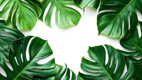 Monstera foliage encircles negative space in high-key layout