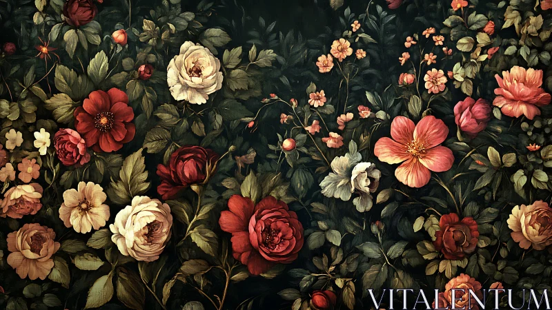Classical Garden Floral Arrangement with Roses and Botanicals on Dark Background