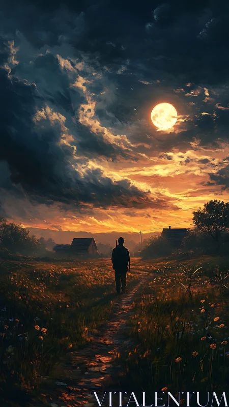 Solitary figure walks rural path under glowing full moon