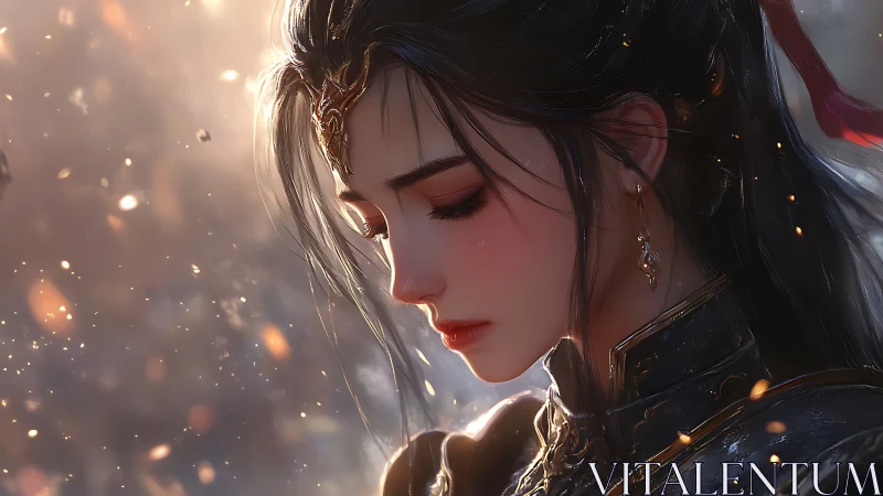 Side profile of armored woman in soft glowing particles.