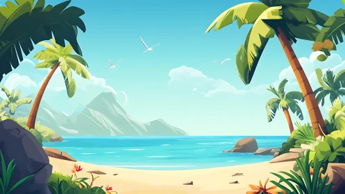 Tropical Island Paradise with Palms and Mountainous Coastline