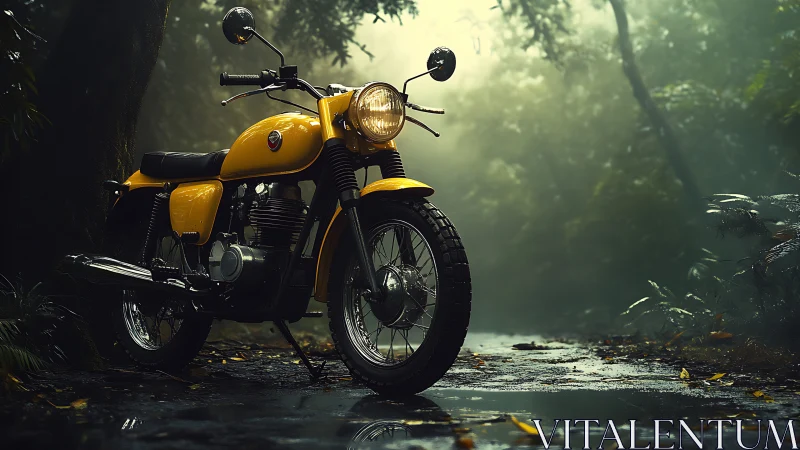Yellow classic motorcycle in humid rainforest backroad light.