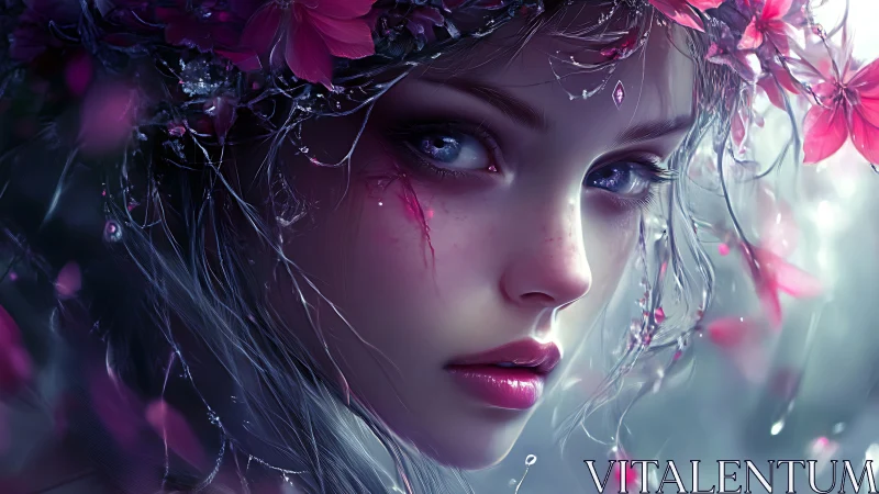 Ethereal floral portrait renders luminous fae character in profile