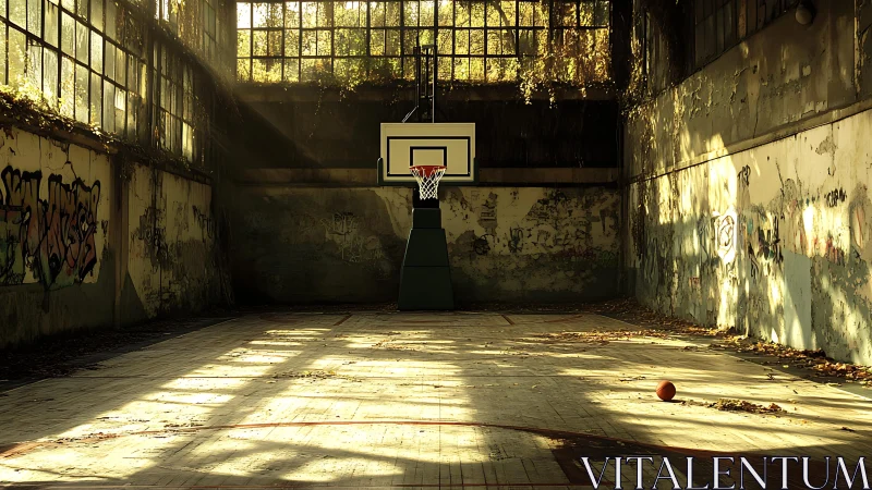 Sunlit abandoned gym holds solitary basketball hoop and ball