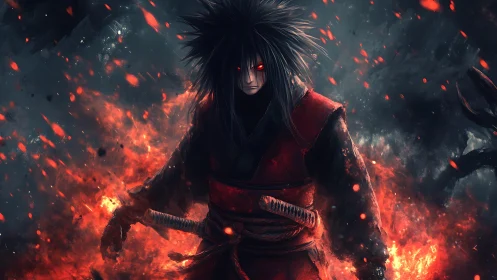 Fiery red-eyed swordsman amid swirling embers and shadow