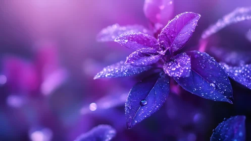 Dewdrop-Laden Petals Glow Amid Purple Bokeh.