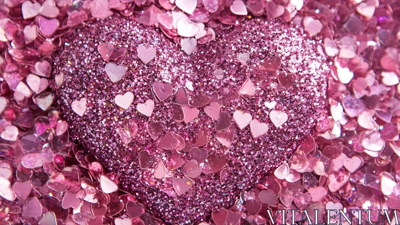 Glittery pink heart covered in shiny confetti shapes.