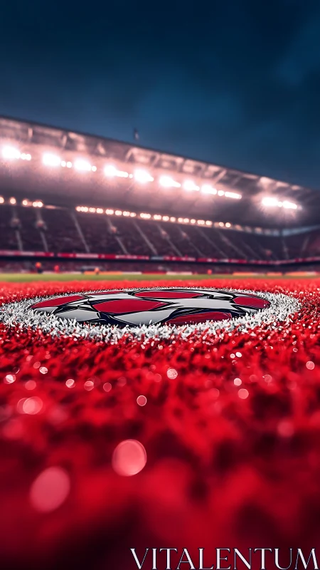 Stadium spotlight crowns a glowing red football emblem.