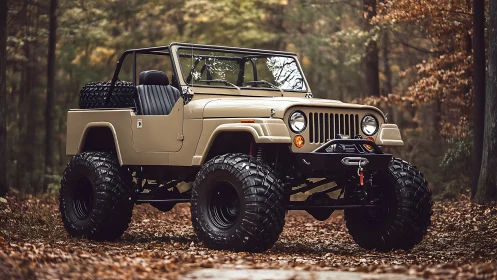 Lifted beige off-road jeep parked in forest setting.