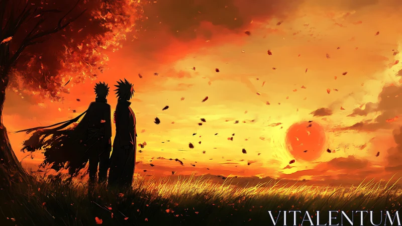 Silhouetted warriors study a blazing anime sunset horizon