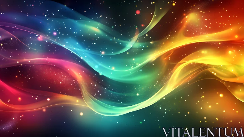 Multicolored luminous energy waves traverse a starfield gradient space