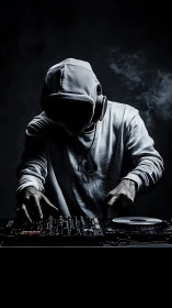 Shadow-cloaked DJ conjures midnight beats from smoke and light.