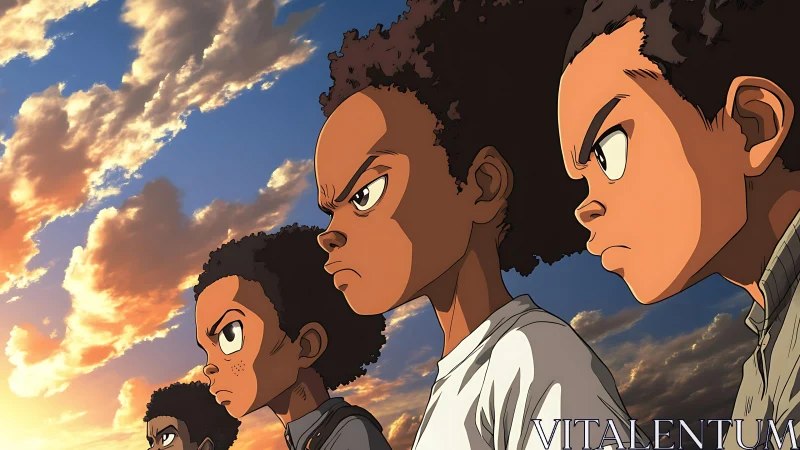 Four determined youths in profile under high-contrast sunset sky