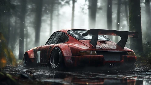 Red widebody race car in rainy forest mud track scene.