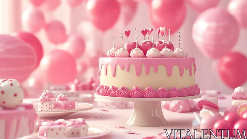 Pink Birthday Cake with Heart Toppers and Festive Balloon Background