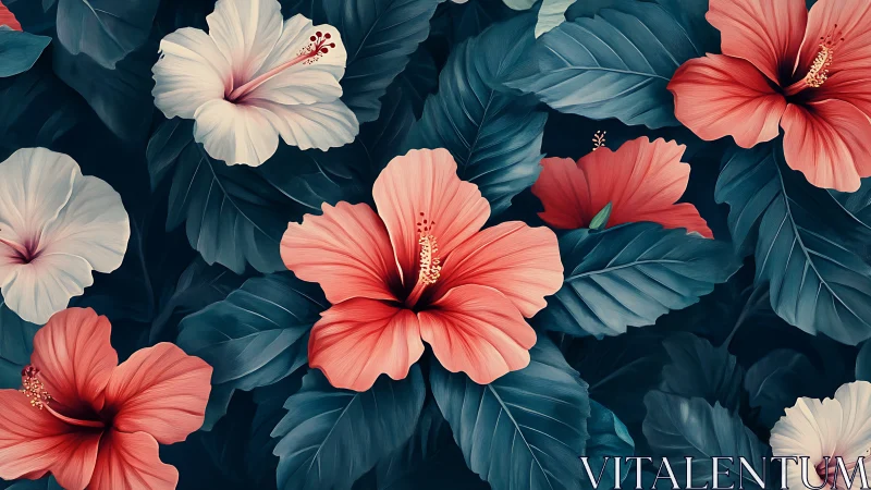 Hibiscus flowers with dramatic teal foliage composition.