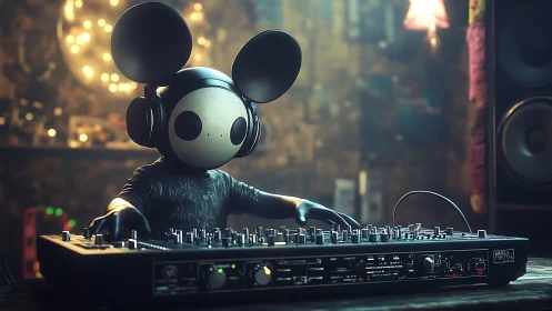 Cartoon mouse headed DJ mixing tracks in moody studio.