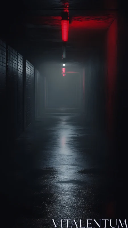Moody wet tunnel corridor under red fluorescent emergency lighting