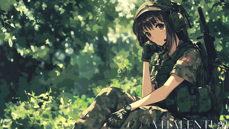 Quiet forest break with thoughtful anime soldier girl.