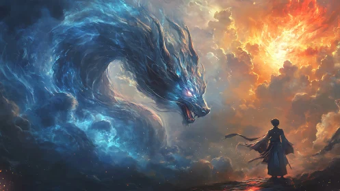 Celestial dragon confronts lone warrior amid bifurcated sky.