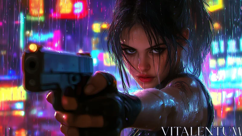 Neon rain sharpens her unflinching aim in the sleepless city