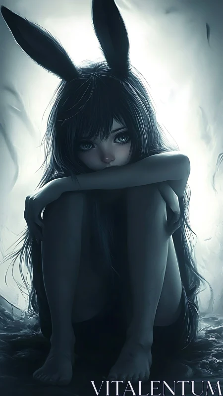 Melancholic bunny-eared girl sitting in dim blue light.