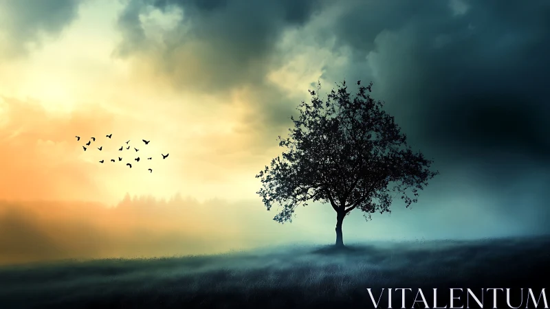 Solitary Tree at Sunrise in Dreamlike Landscape, Surreal Art Style.