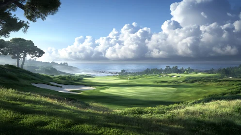 Sunlit coastal golf course green under towering cumulus clouds