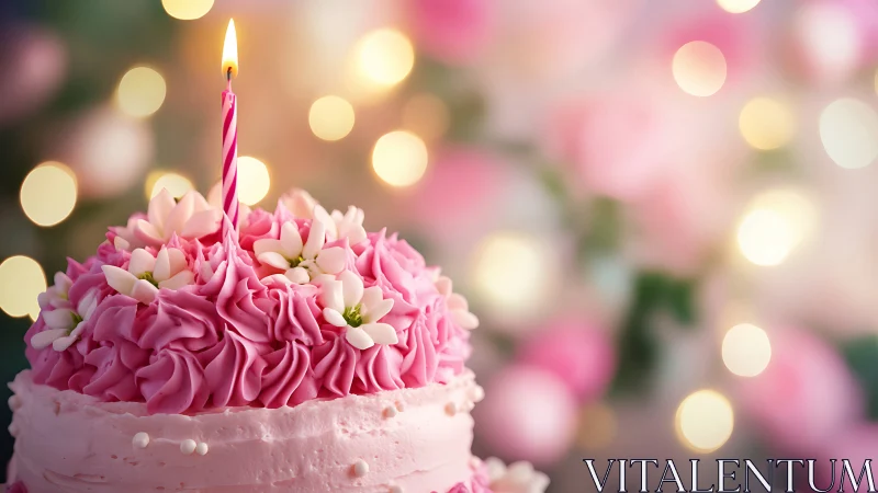Pink Birthday Cake with Candle and Floral Decoration.