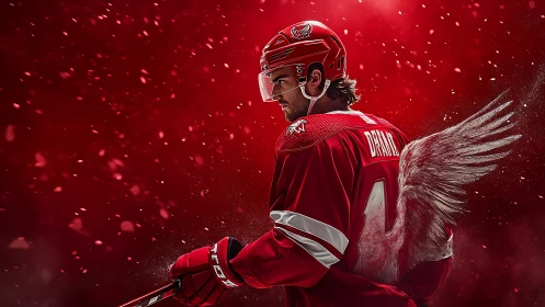 Winged hockey guardian glides through a crimson blizzard
