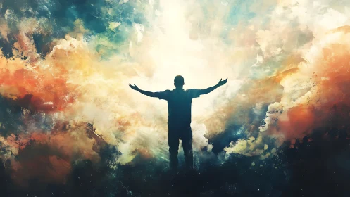 Silhouette greets radiant cosmic sky in swirling color storm.