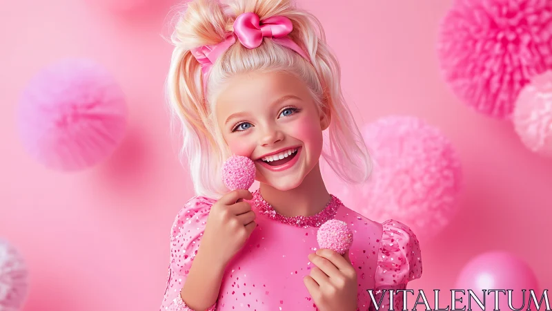 Digital painting portrait of smiling girl in monochrome pink.