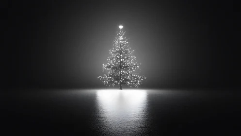 Minimalist luminous Christmas tree on reflective floor.