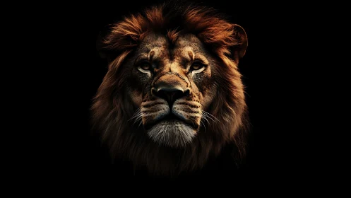 Male lion portrait on black background in side lighting.