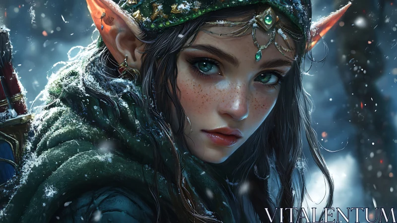 Winter-clad elven huntress with emerald gaze in snowfall.